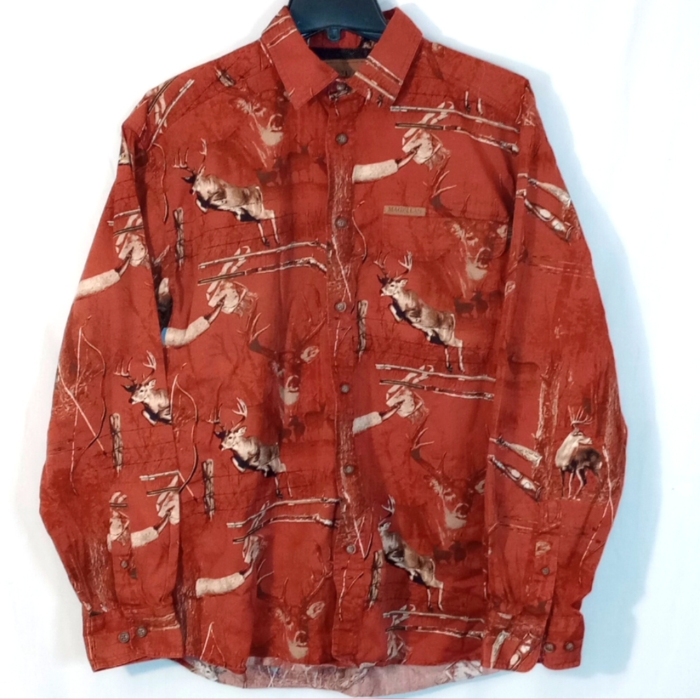Magellan Outdoors Red Orange Cotton Button Up Shirt with Deer Print Size Medium